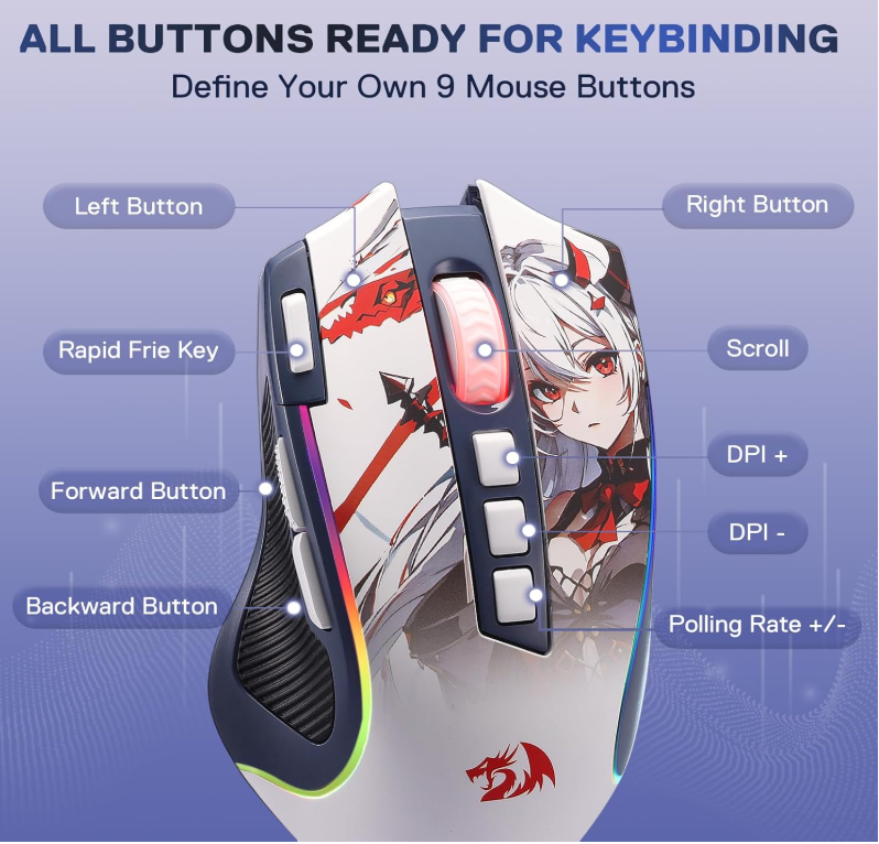 Redragon M612AK PRO RGB Gaming Mouse, 8000 DPI Wired/Wireless Optical Mouse - Image 3