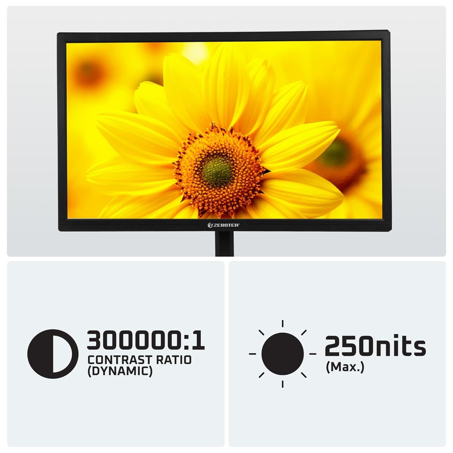 ZEBSTER GV222, 22 Inch (54.6cm) LED Monitor, Dual HDMI & VGA Input, FHD 1920 x 1080, 250 units Brightness, 300000:1 Dynamic Contrast Ratio, 16.7M Colors, 16:9 Aspect Ratio, Wall Mountable - Image 3
